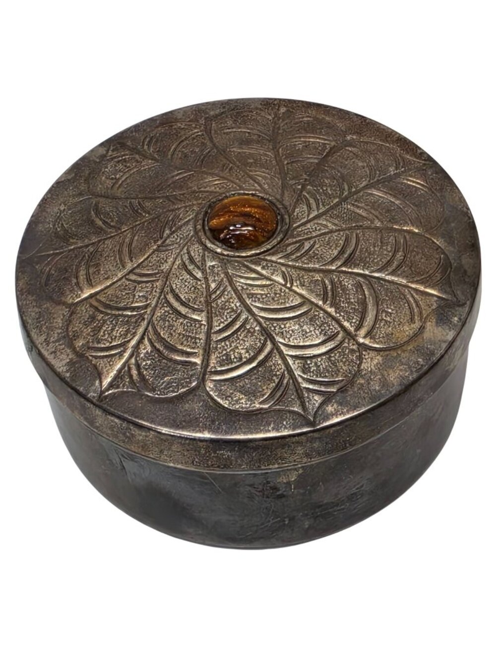 International Silver Co Silverplate Round Trinket Box India Amber Knob